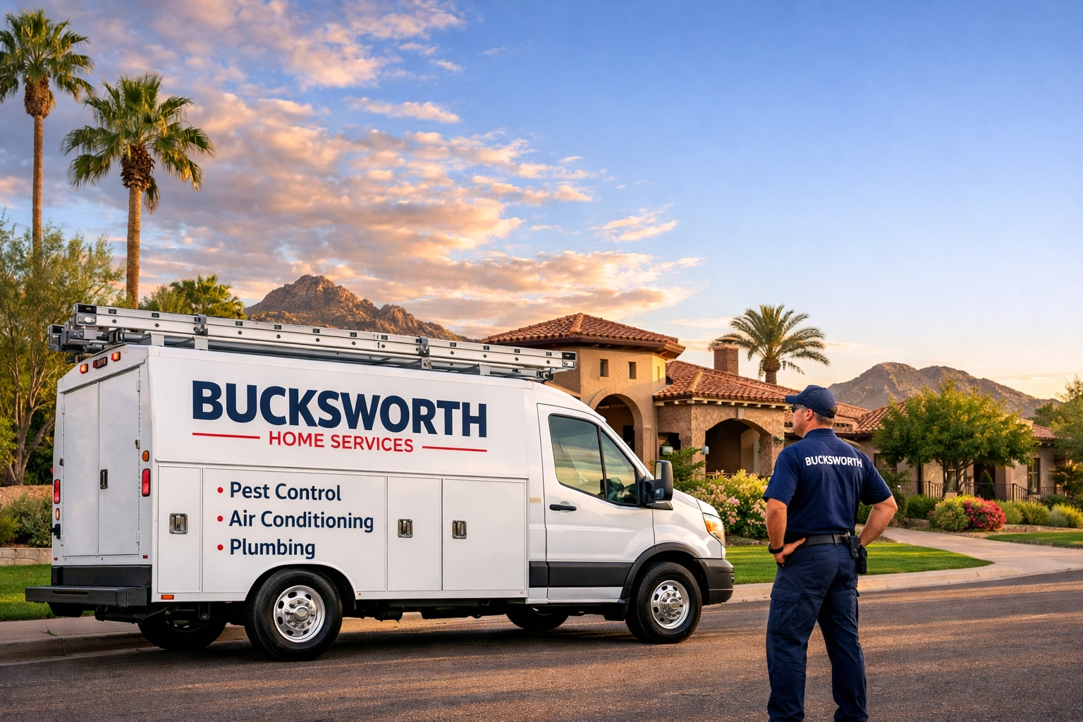 Bucksworth Home Services truck parked near a Biltmore Phoenix home for expert AC repair.