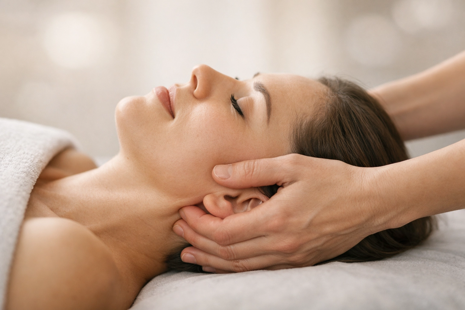 An expert massage therapist in Edmonton performing a specialized TMJ jaw and neck release treatment.