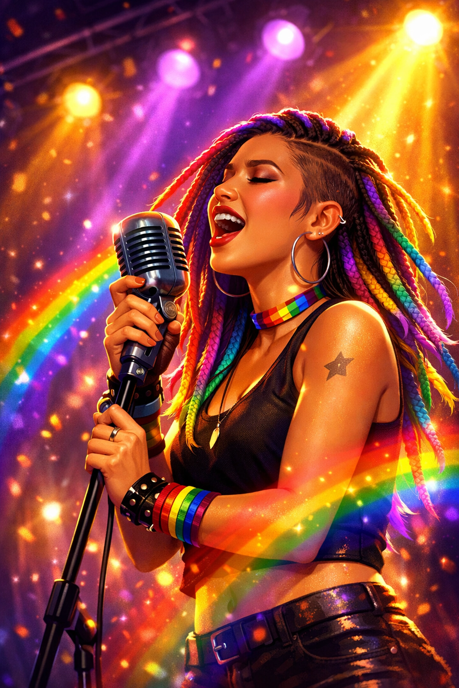 Queer woman performing on stage celebrating LGBTQ+ pride and authentic self-expression