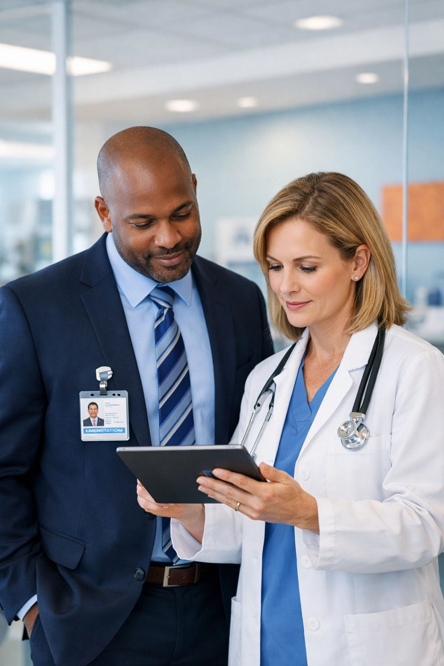 Hospital administrator and physician discussing workforce flexibility on a digital tablet.