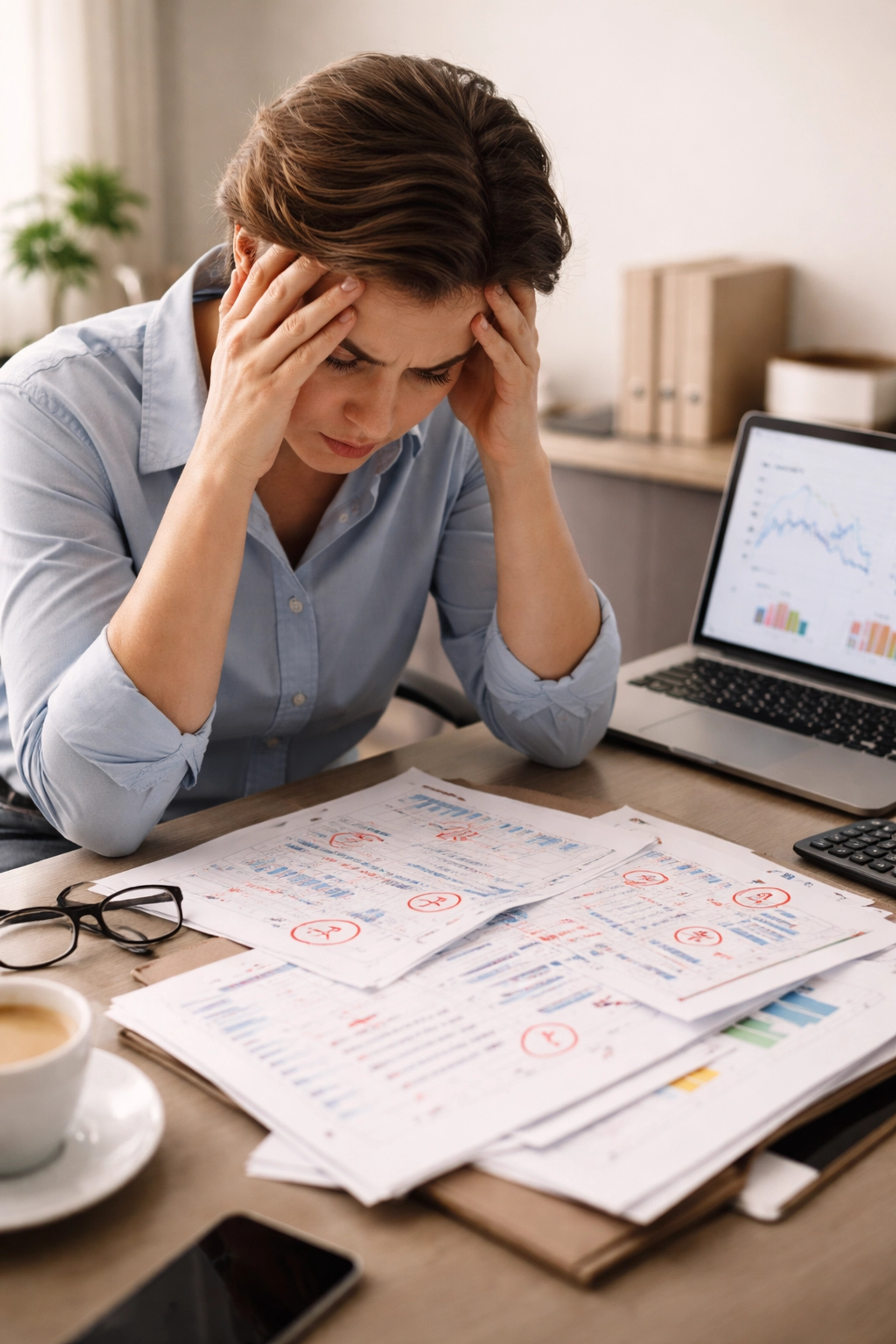 Stressed business owner at a desk reviewing incorrect financial reports, highlighting bookkeeping challenges.