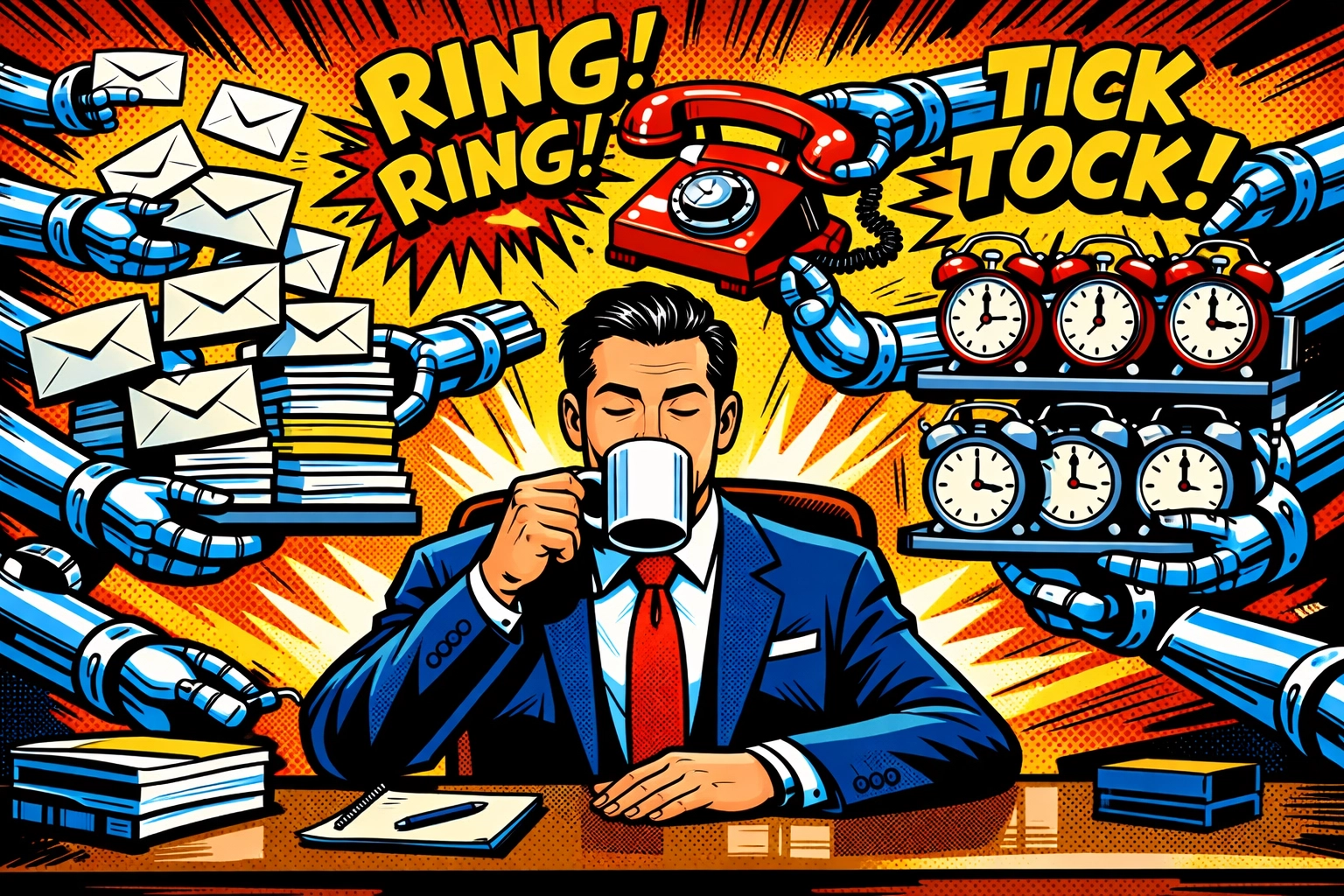 Business owner relaxing while robotic arms organize admin tasks using business automation tools.