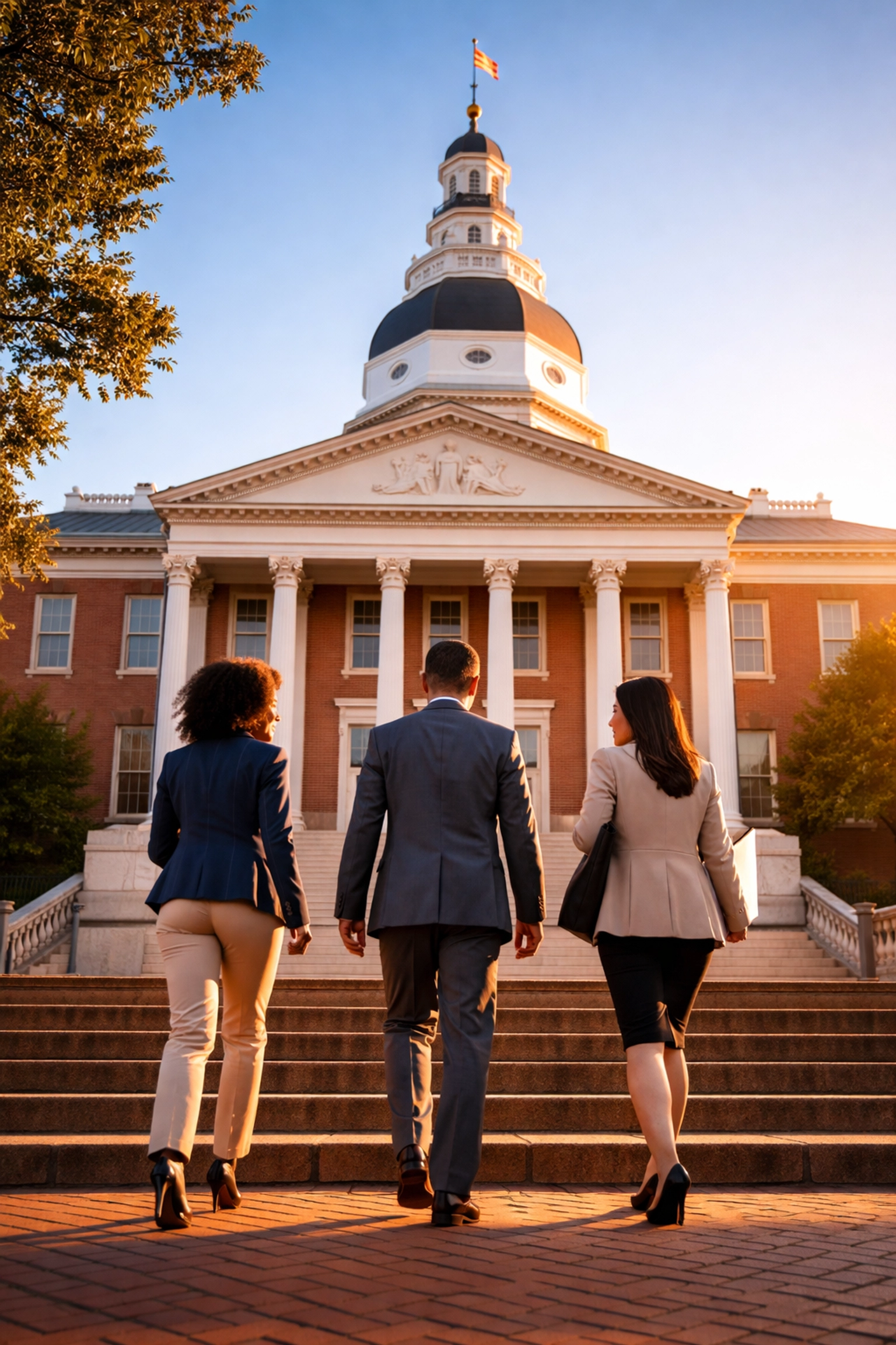 Maryland State House with diverse professionals symbolizing civic engagement in Annapolis DMV news