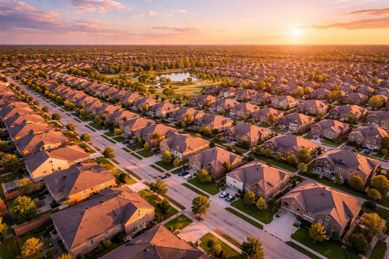 Aerial view of modern Houston suburban homes at sunset, illustrating local real estate market opportunities