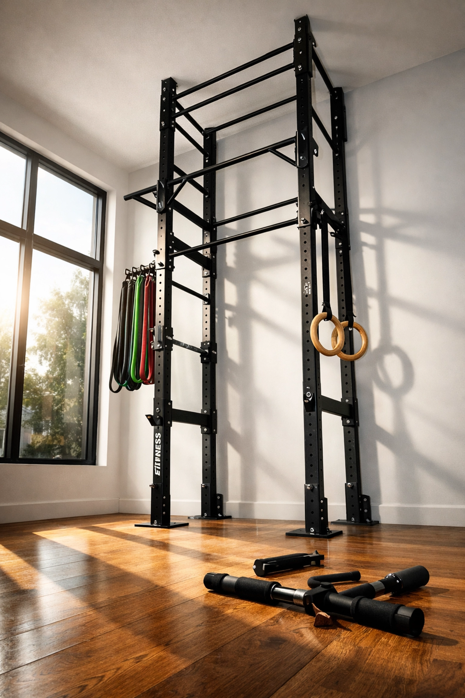 Floor-to-ceiling pull-up bar system in home gym with broken doorway bar for comparison