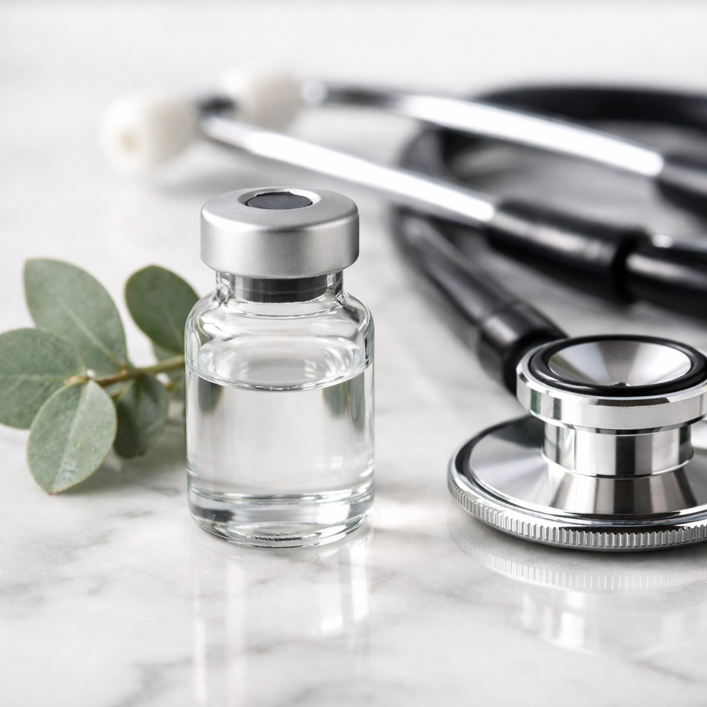 A medical vial and stethoscope on marble representing compounded semaglutide for medical weight loss.