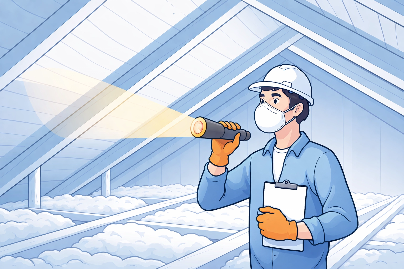 Person wearing protective gear inspecting a loft with a torch, emphasizing safe loft inspection tips.