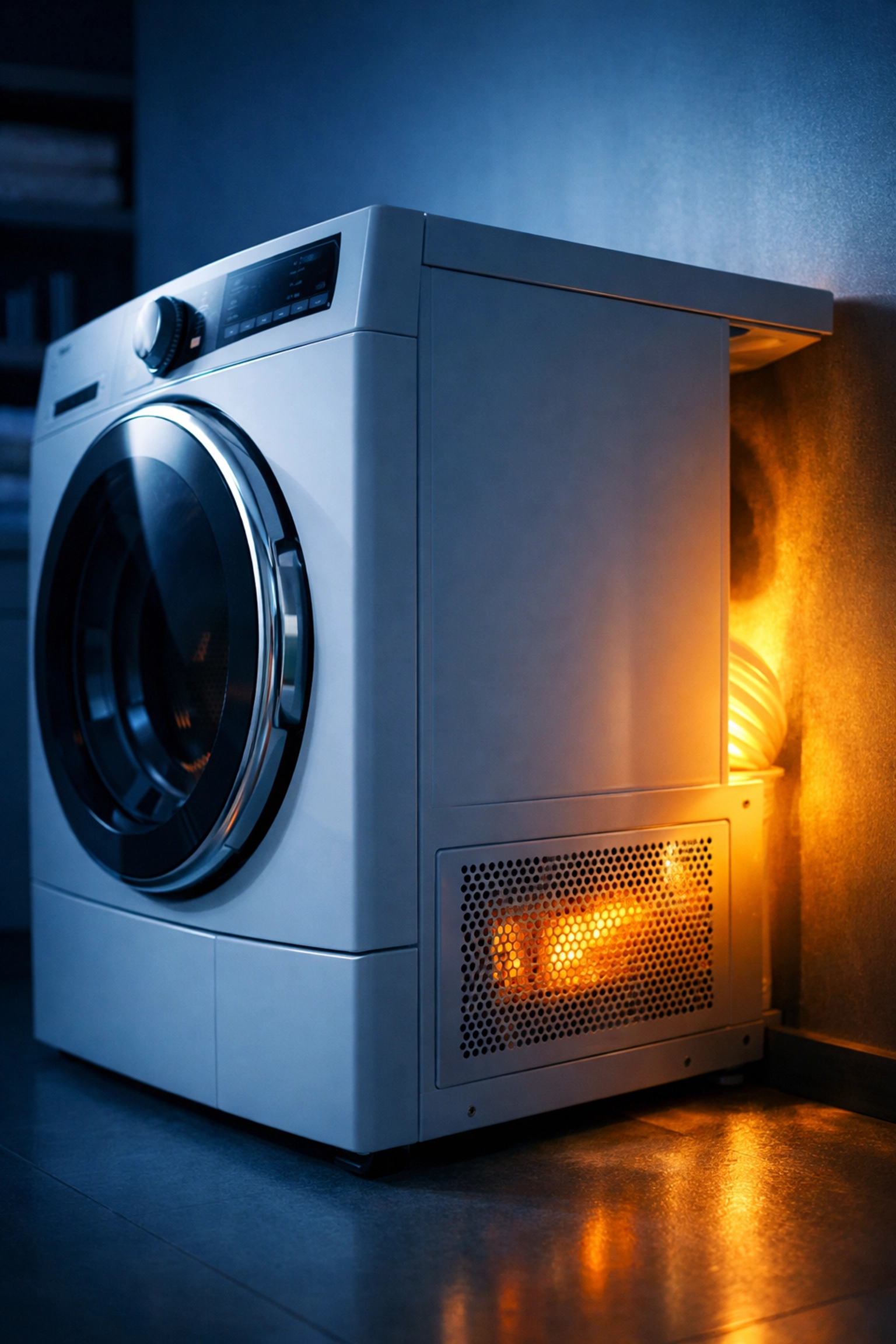 Modern white clothes dryer in a minimalist laundry room emphasizing safe venting and airflow.