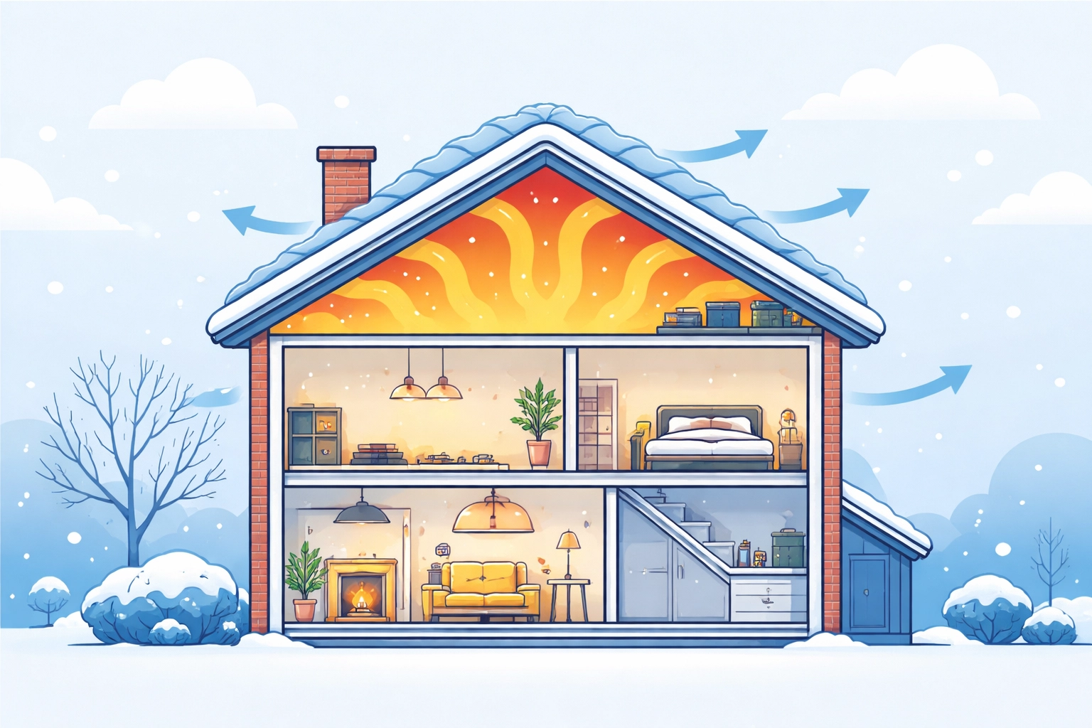 Cross-section of a UK home showing heat retention with effective loft insulation installed