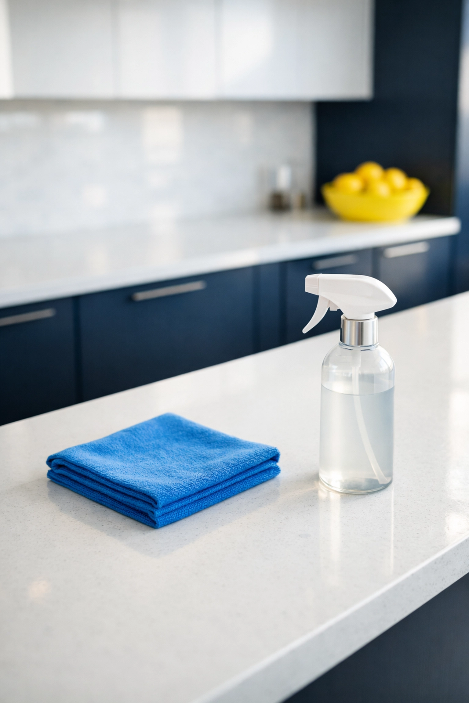 Clean office breakroom countertop with a microfiber cloth and spray bottle for daily kitchen maintenance.