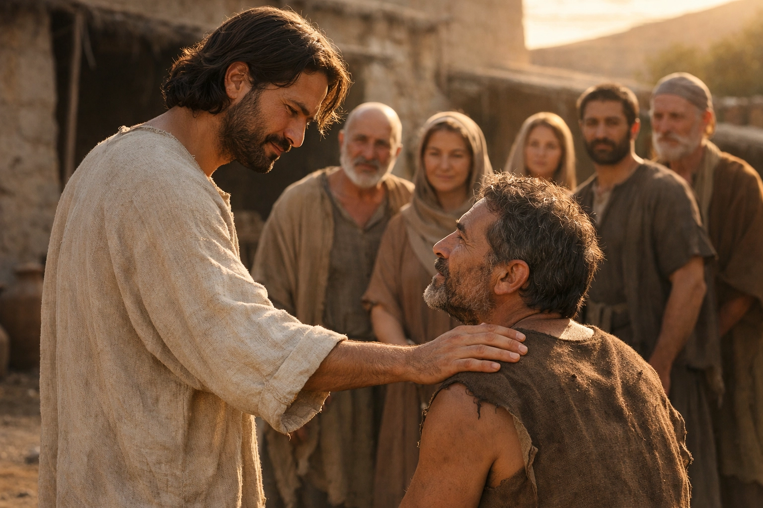 Compassionate outdoor scene with a healer figure gently touching a man’s shoulder as onlookers watch with softened expressions, warm late-afternoon light
