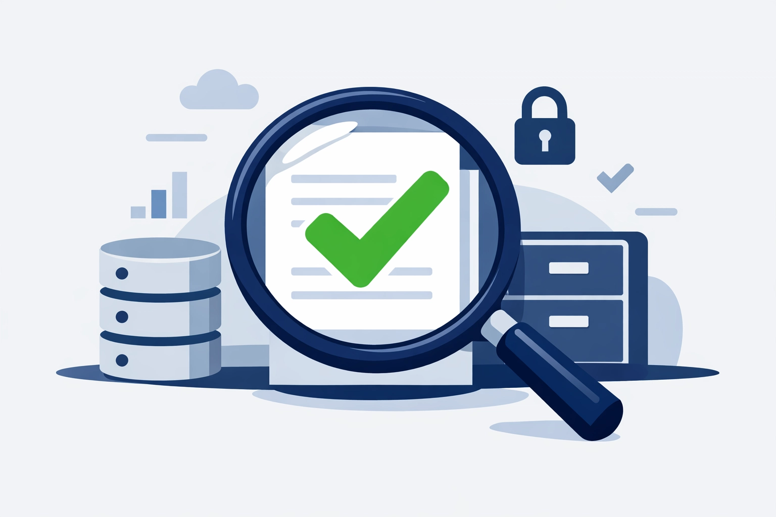 Verification of tax preparer credentials and professional history with a magnifying glass and checkmark.