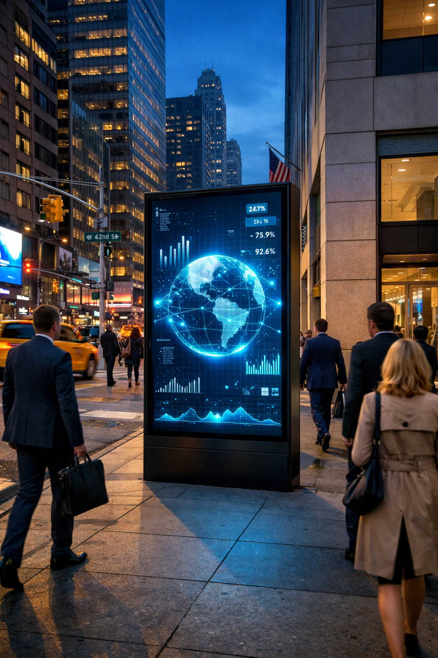 Sleek DOOH screen in New York City displaying real-time data for hyper-local targeting.