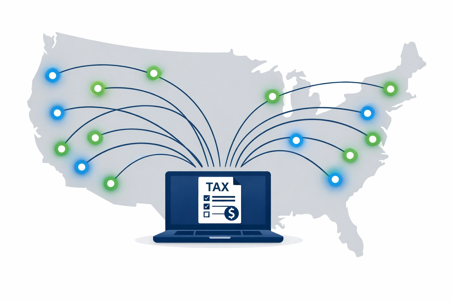 Digital map showing virtual tax preparation services connecting clients to expert tax pros nationwide.