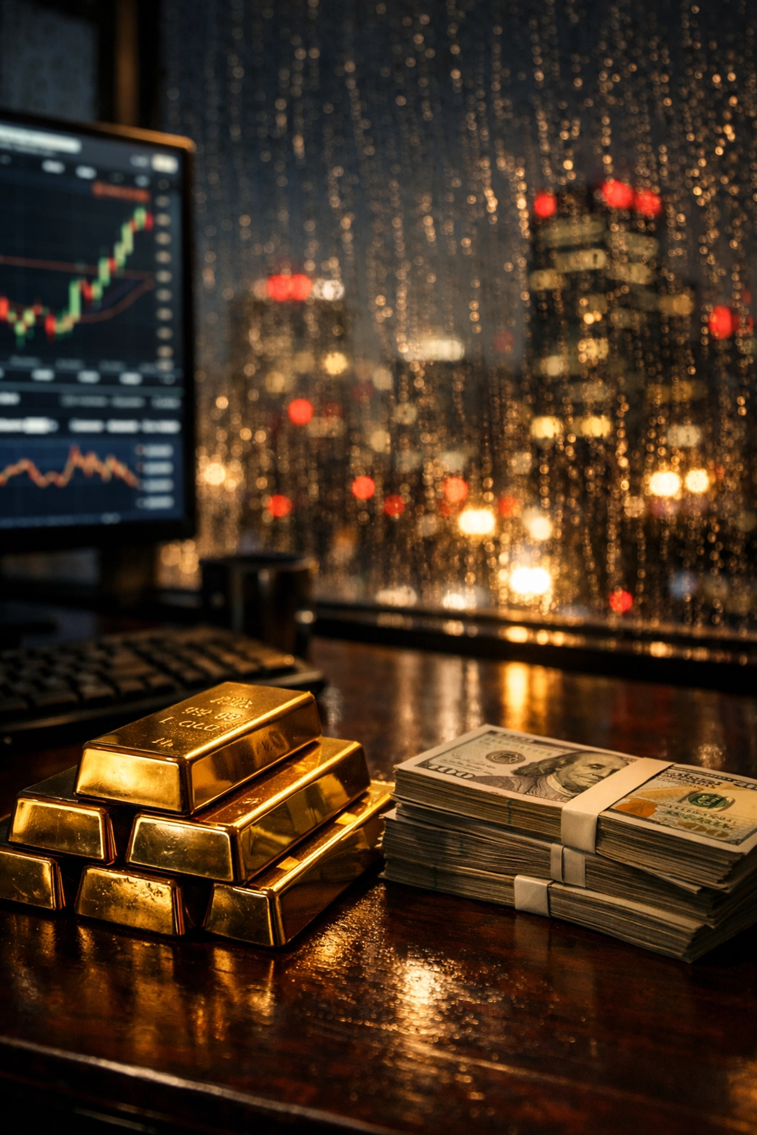Gold bars and US currency on a desk during a flight to safety in the stock market today.