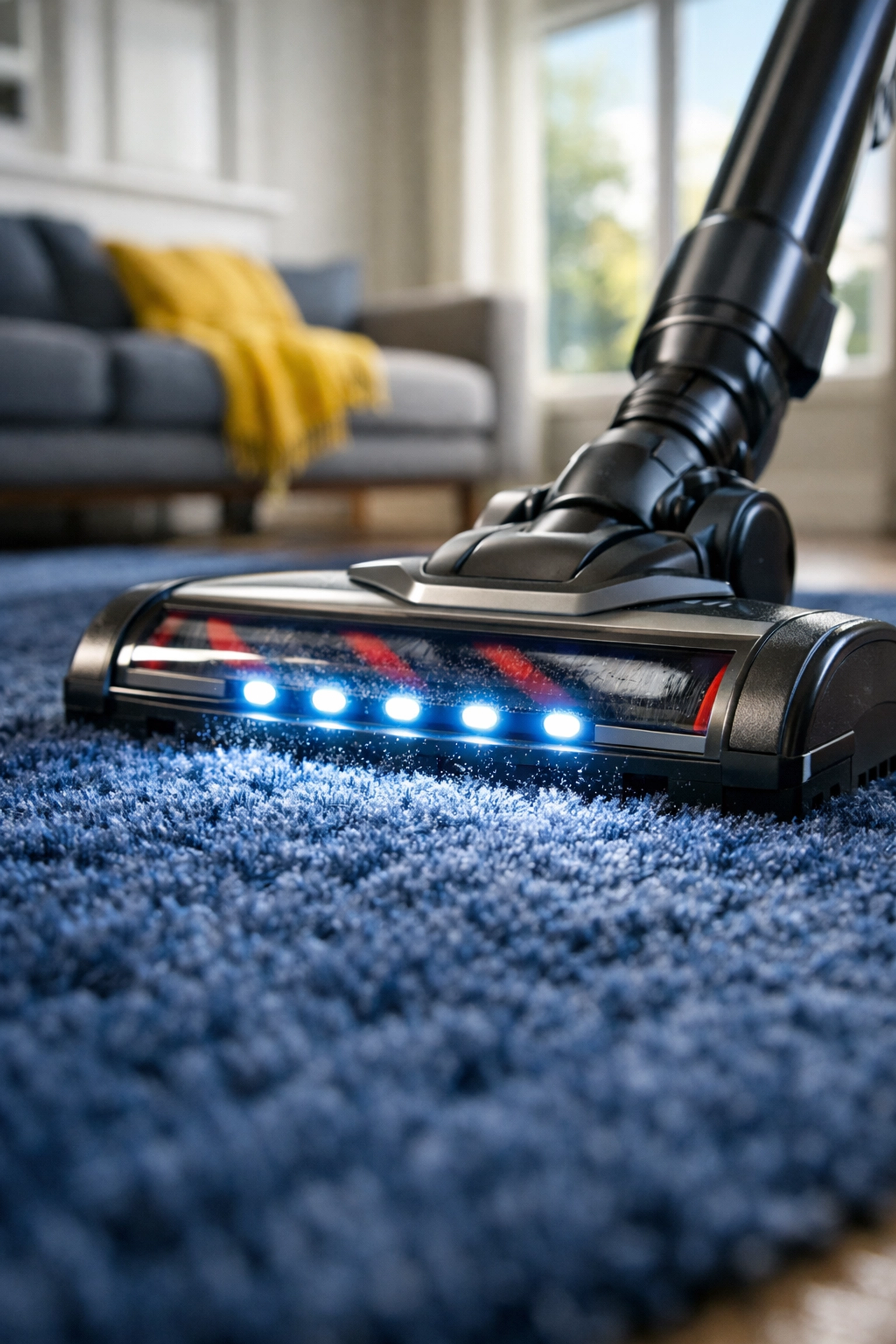 Professional HEPA vacuuming a living room rug for superior house cleaning Sudbury MA results.