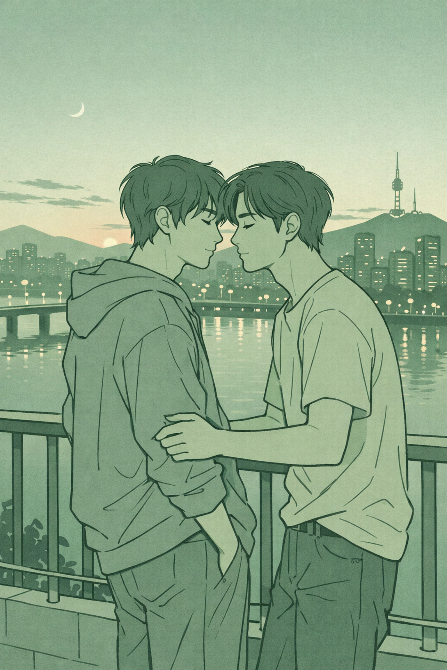 Two Korean step-brothers share intimate moment on Seoul balcony overlooking Han River in MM romance