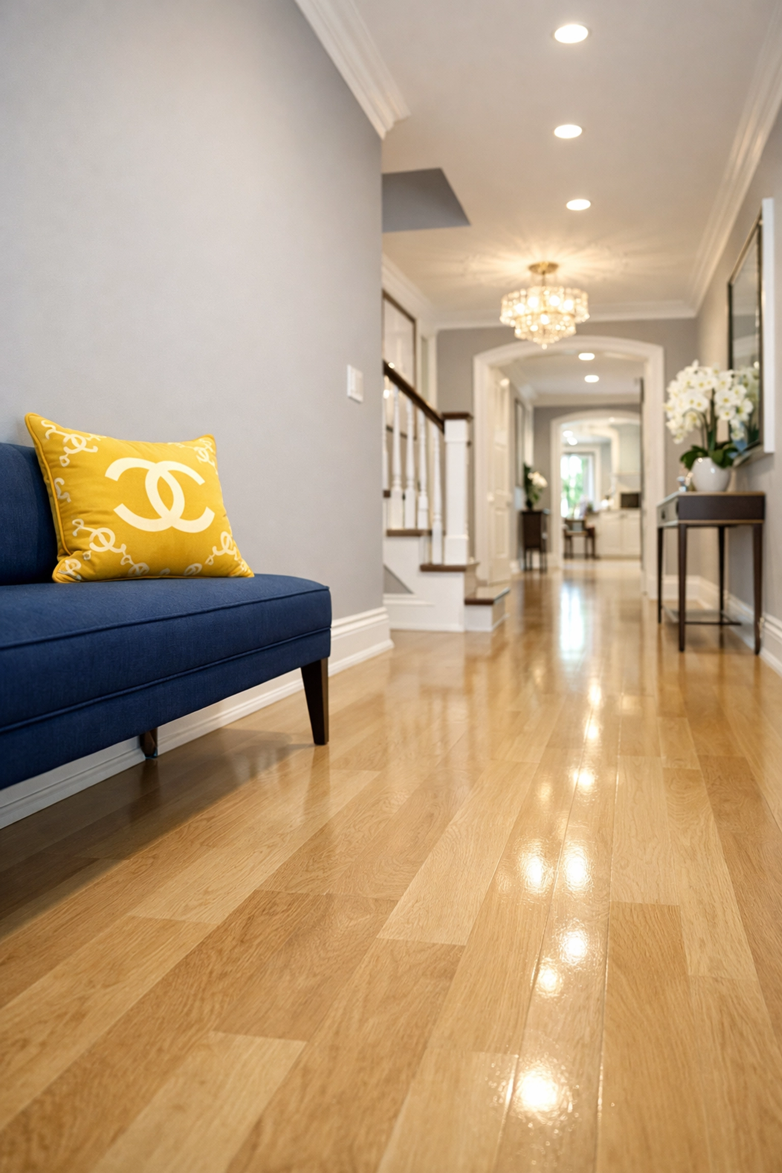 Pristine entryway and polished oak floors maintained by a professional deep cleaning service in Westborough.