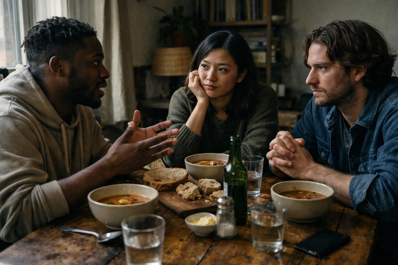 Friends sharing a meal and talking, showing relational connection in Christian mentoring.