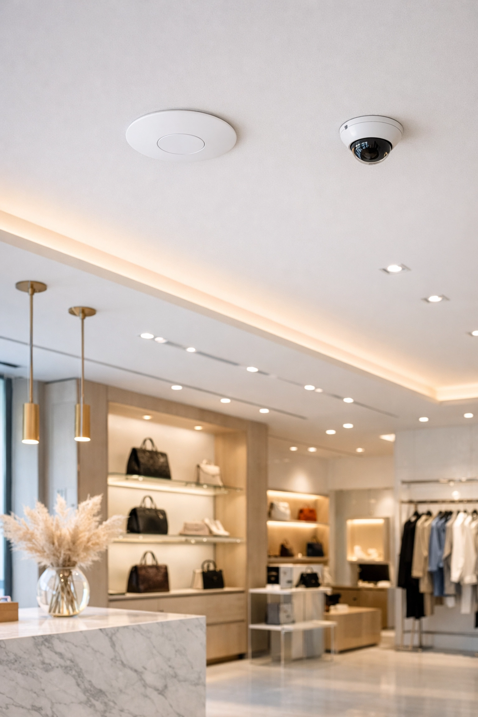 Discreet ceiling-mounted Wi-Fi access points and CCTV cameras in modern retail space