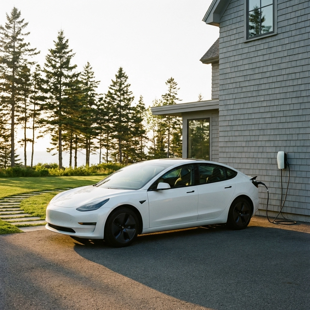 White Tesla charging at home Level 2 EV charger in coastal Maine driveway, Portland Maine EV charging solution.