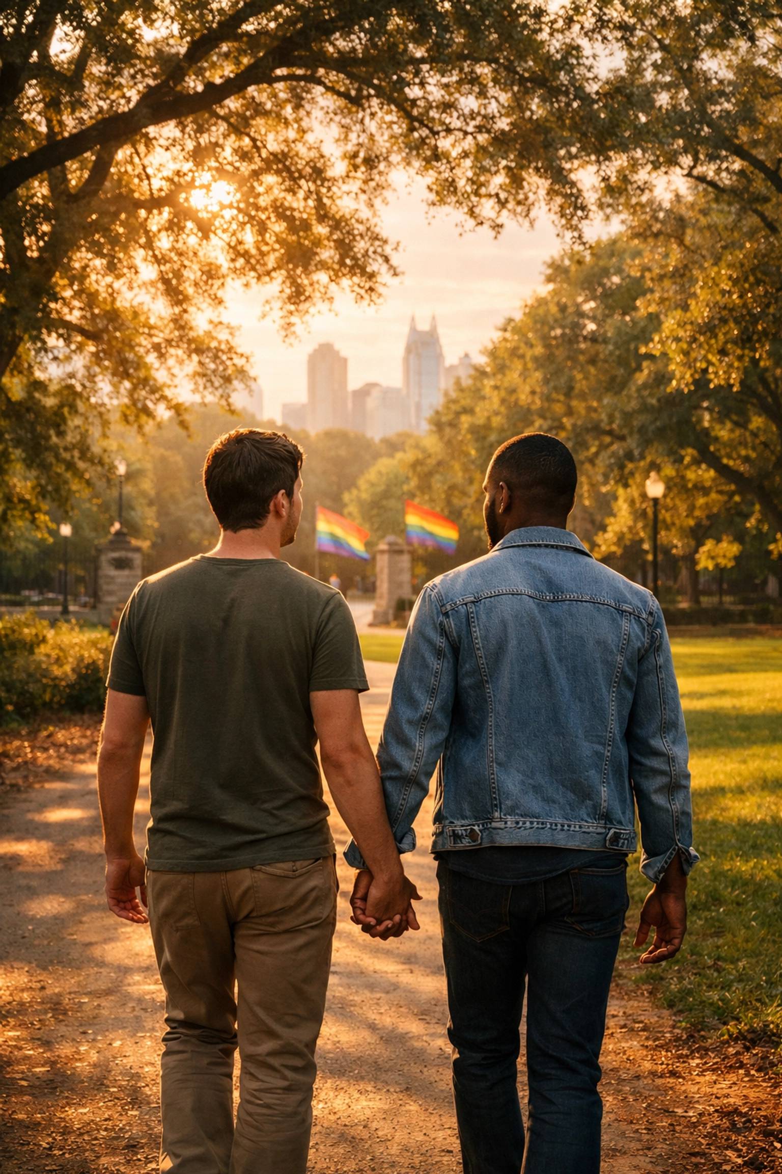 Gay couple holding hands walking through Atlanta's Piedmont Park during golden hour
