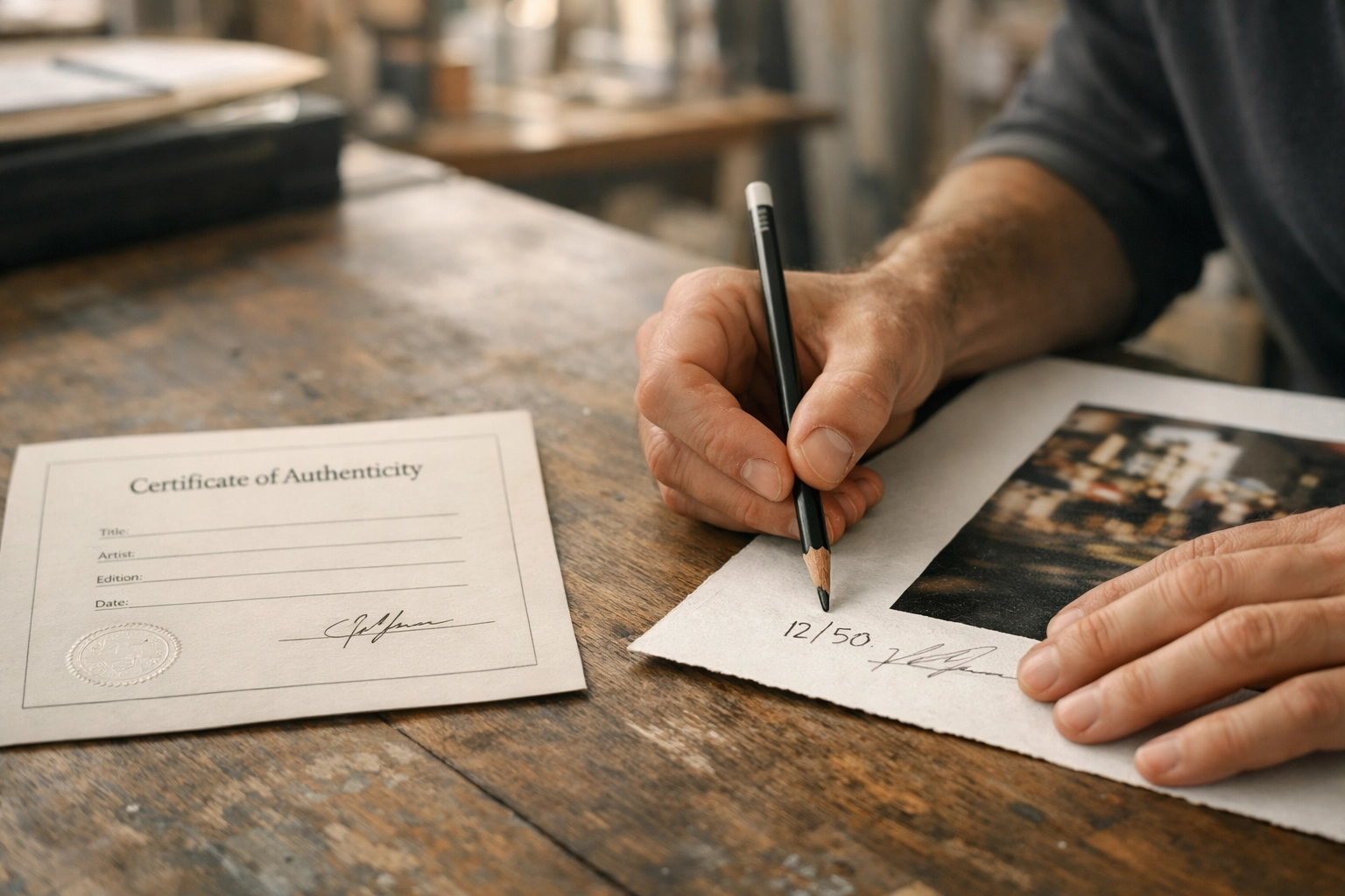 Photographer signing a limited edition archival print next to a certificate of authenticity for art prints.