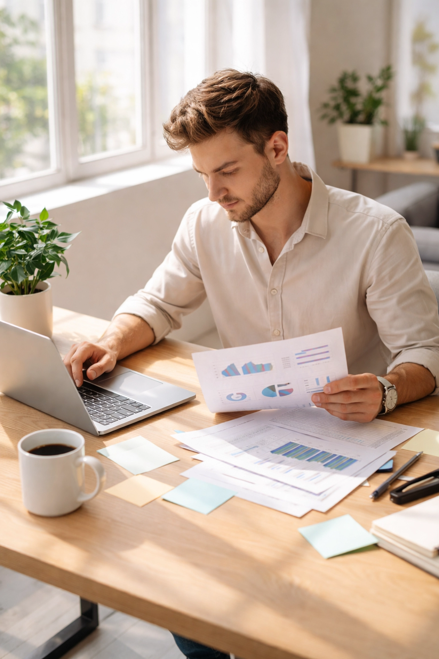 Young UK startup founder reviewing financial documents and laptop charts for seed funding preparations