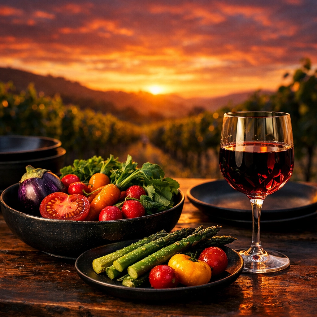 Farm-to-table dining at an organic vineyard during a wellness travel experience.