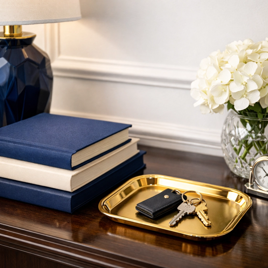 Secure home office with house keys on a tray representing trust and privacy in professional house cleaning.