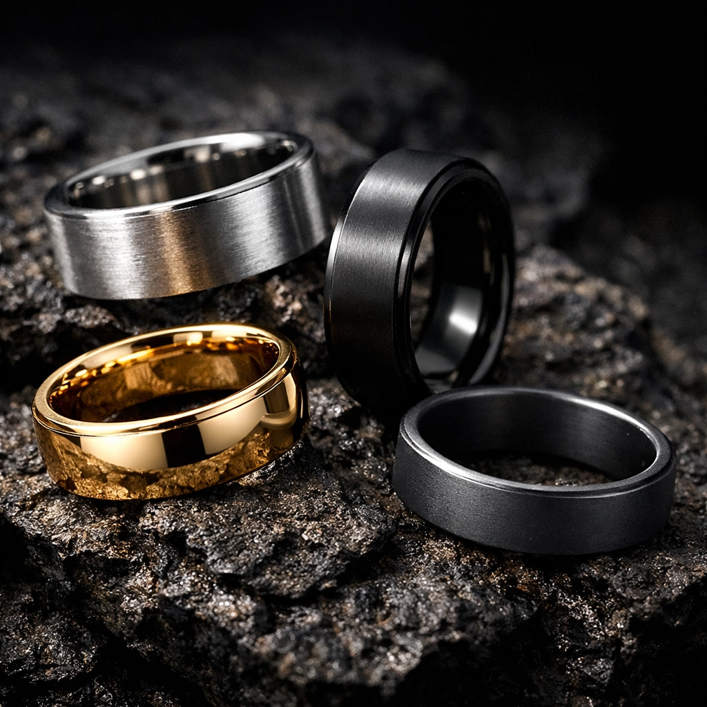 Various men's wedding rings in gold, black titanium, and cobalt chrome, showcasing durable metal options.
