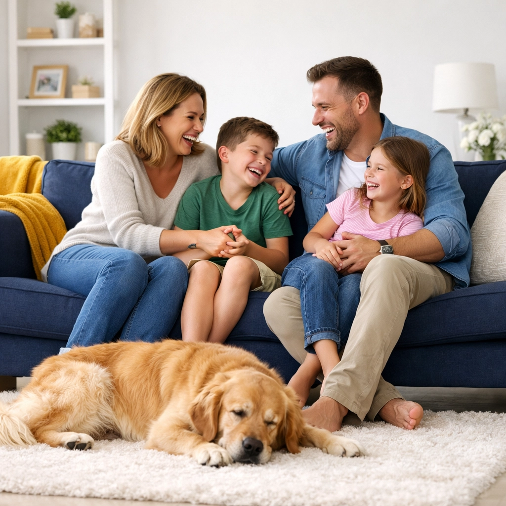 Happy family enjoying a spotless home after professional house cleaning in Chelmsford, MA.