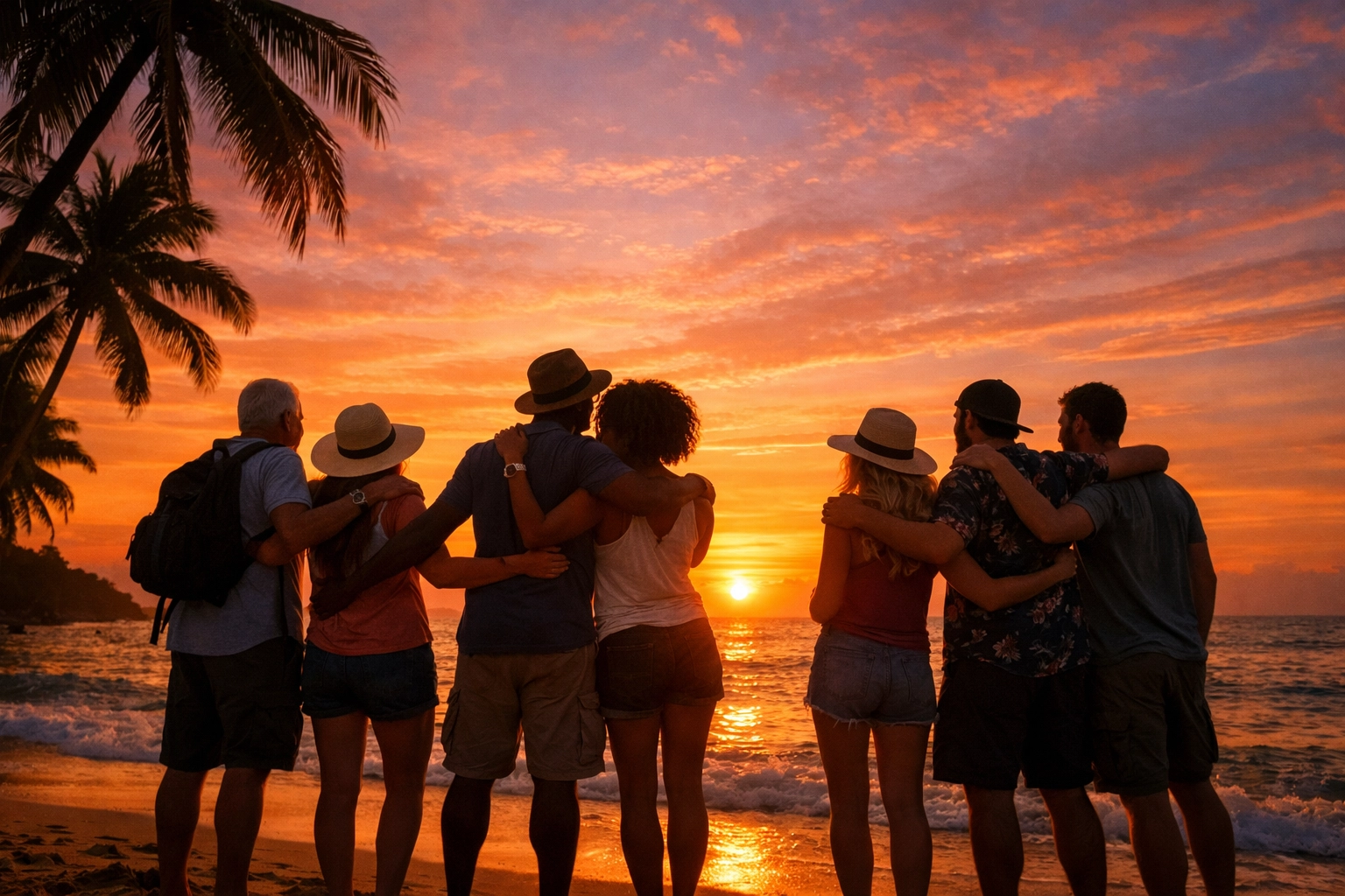 Diverse group of travelers celebrating together on tropical beach at sunset