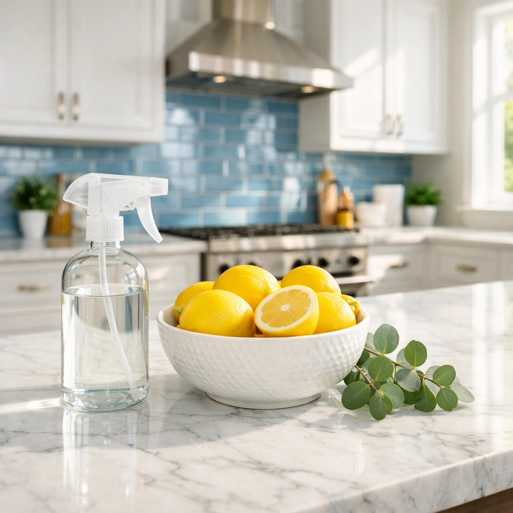 Eco-friendly residential cleaning Massachusetts in a high-end kitchen with marble countertops and non-toxic products.