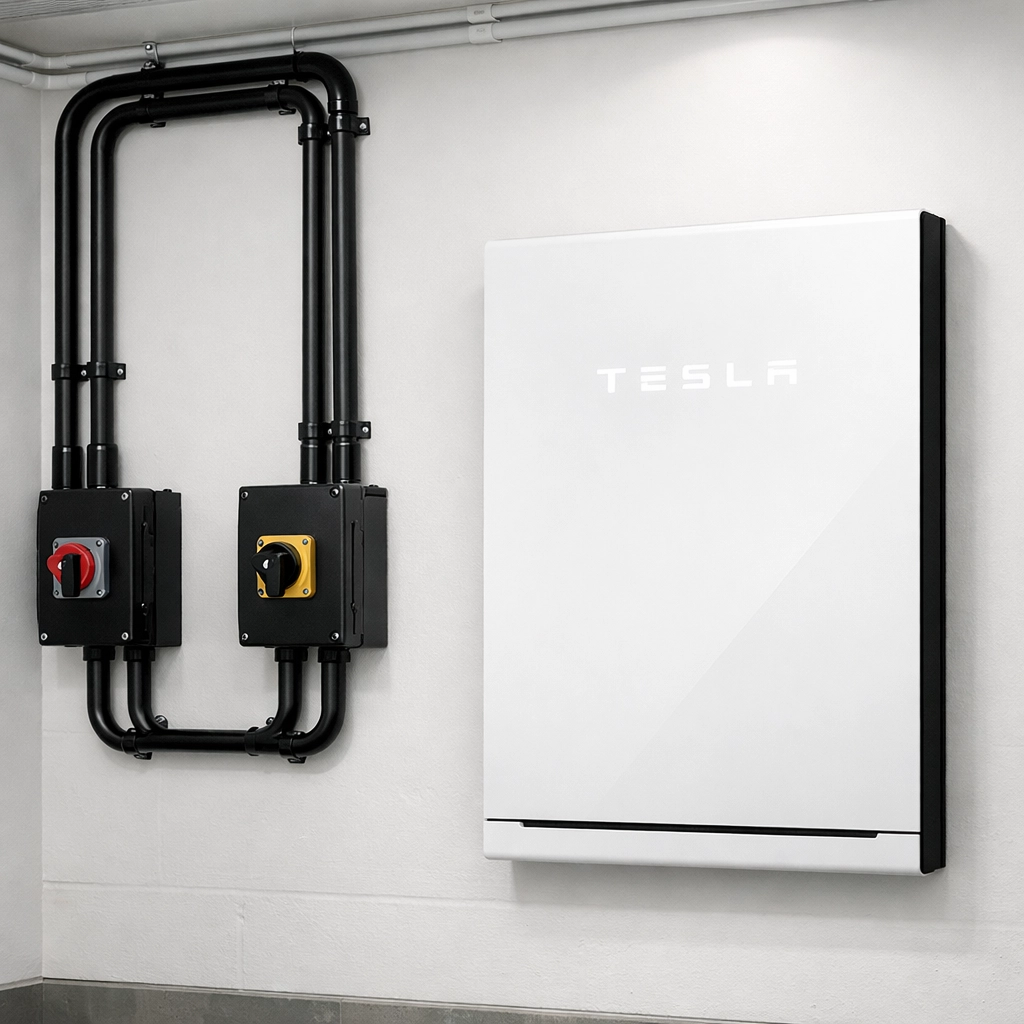 Tesla Powerwall 3 installation with professional DC cable management in a UK home utility room.