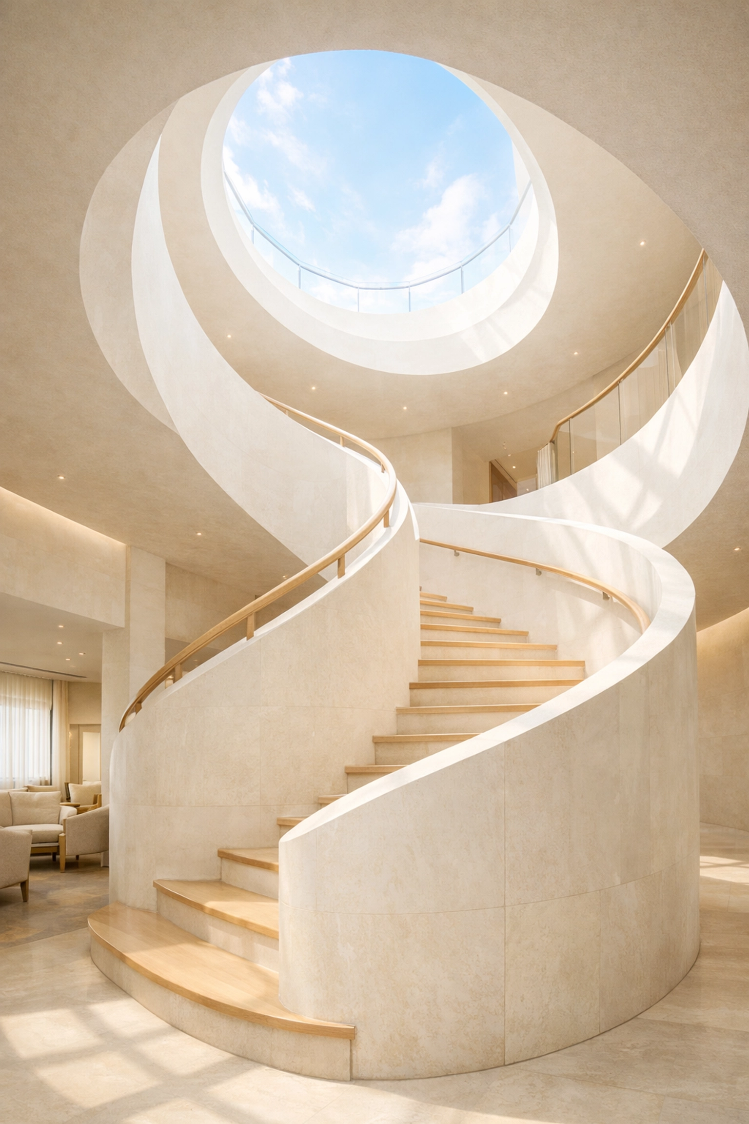 Modern boutique hotel interior with a spiral staircase symbolizing scalable business growth.
