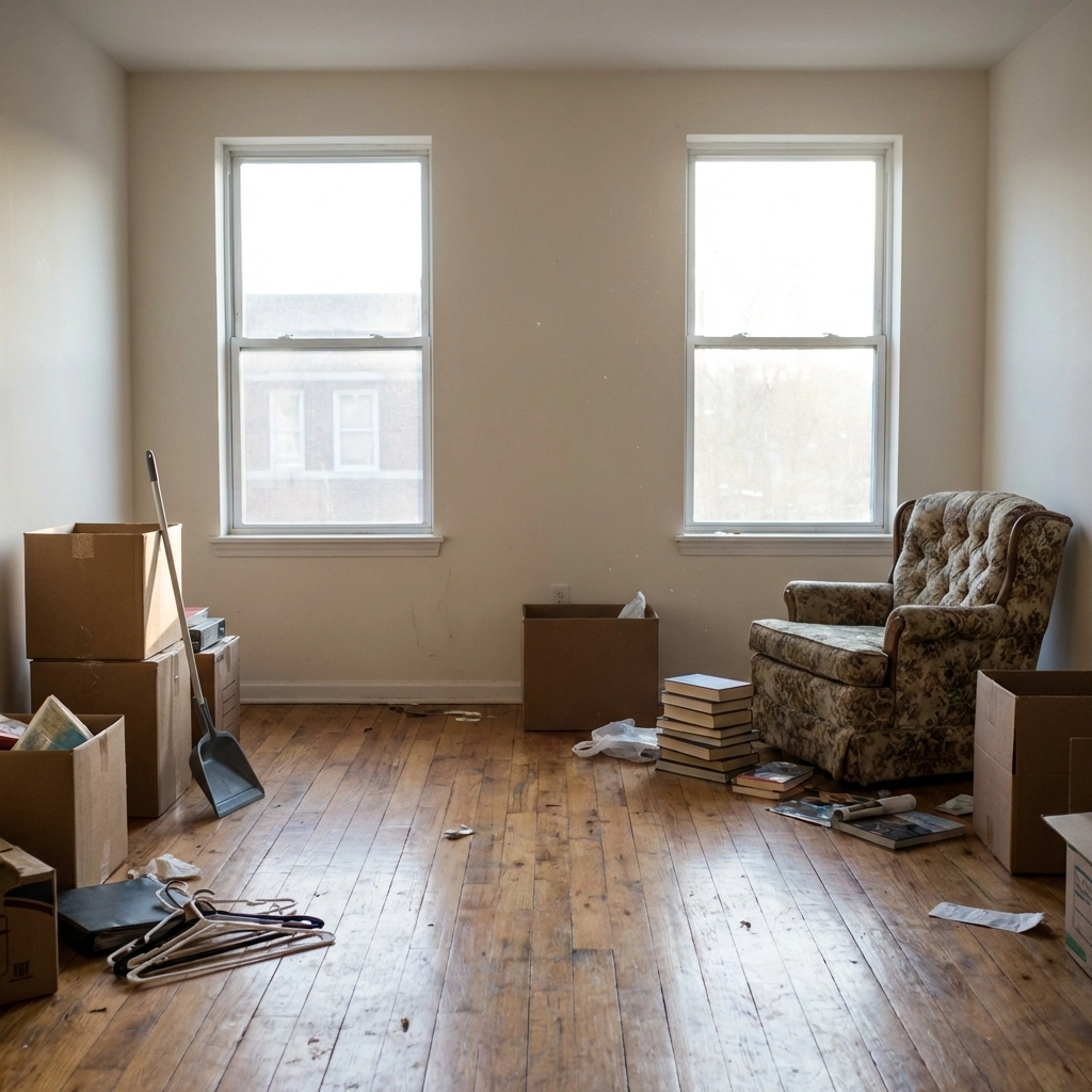 Cluttered living room in a rental property after tenant move-out, ready for landlord clearout and cleaning