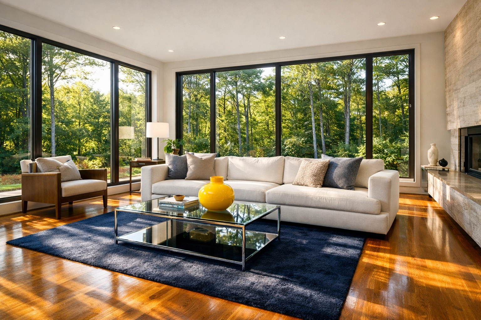 A sun-drenched, spotless modern living room after professional weekly house cleaning in Holden MA.