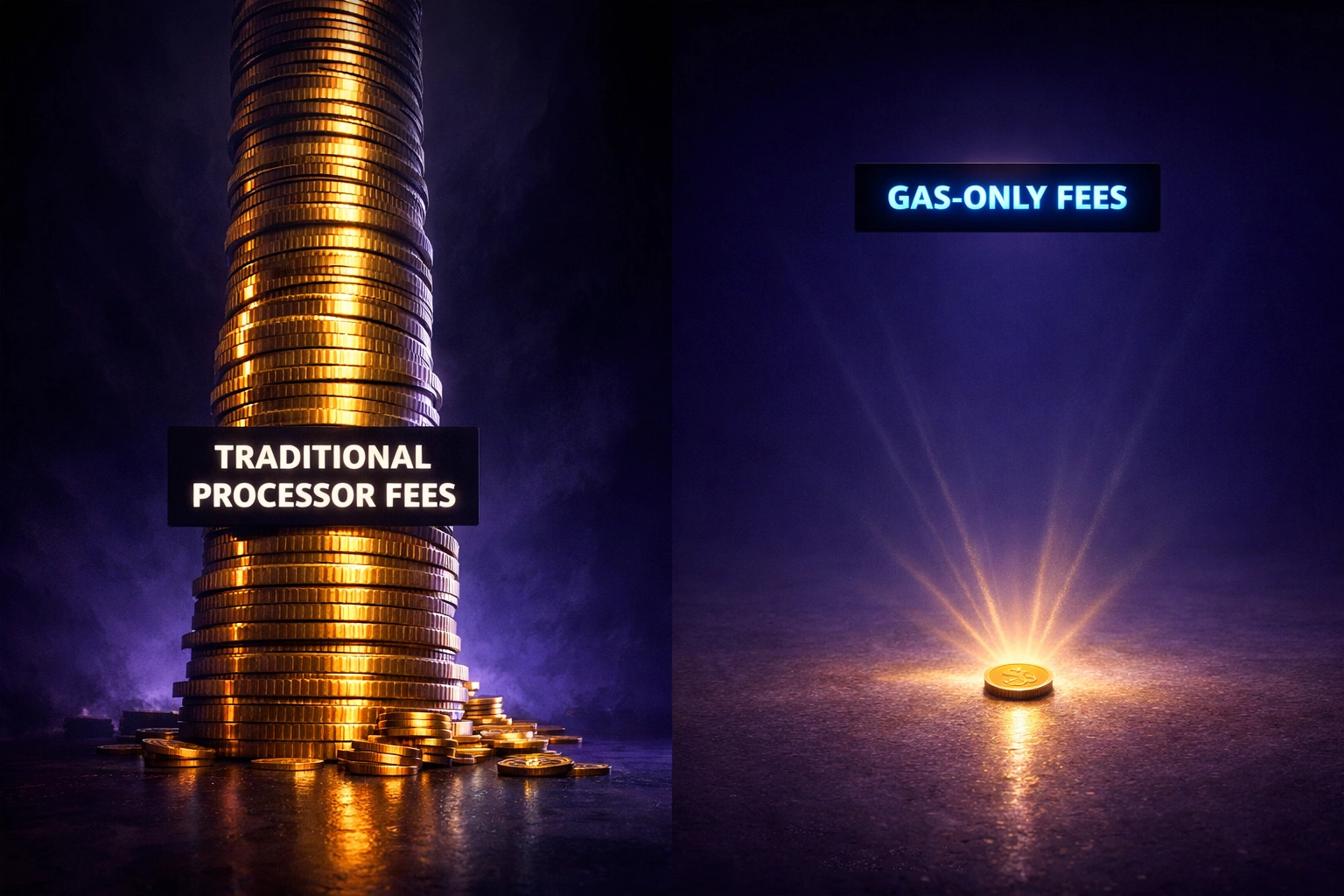 Crypto payment processor fee comparison showing traditional fees versus gas-only self-custody costs