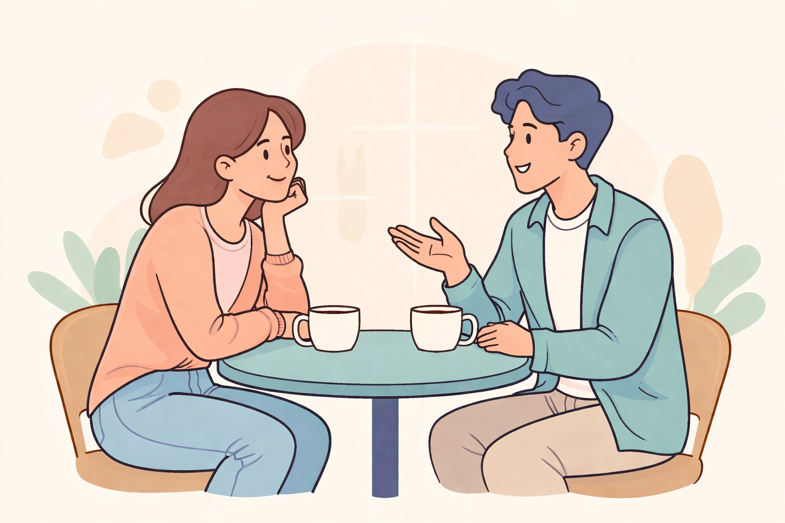 Two people having a meaningful conversation at a café table, illustrating active listening in Christian mentoring.