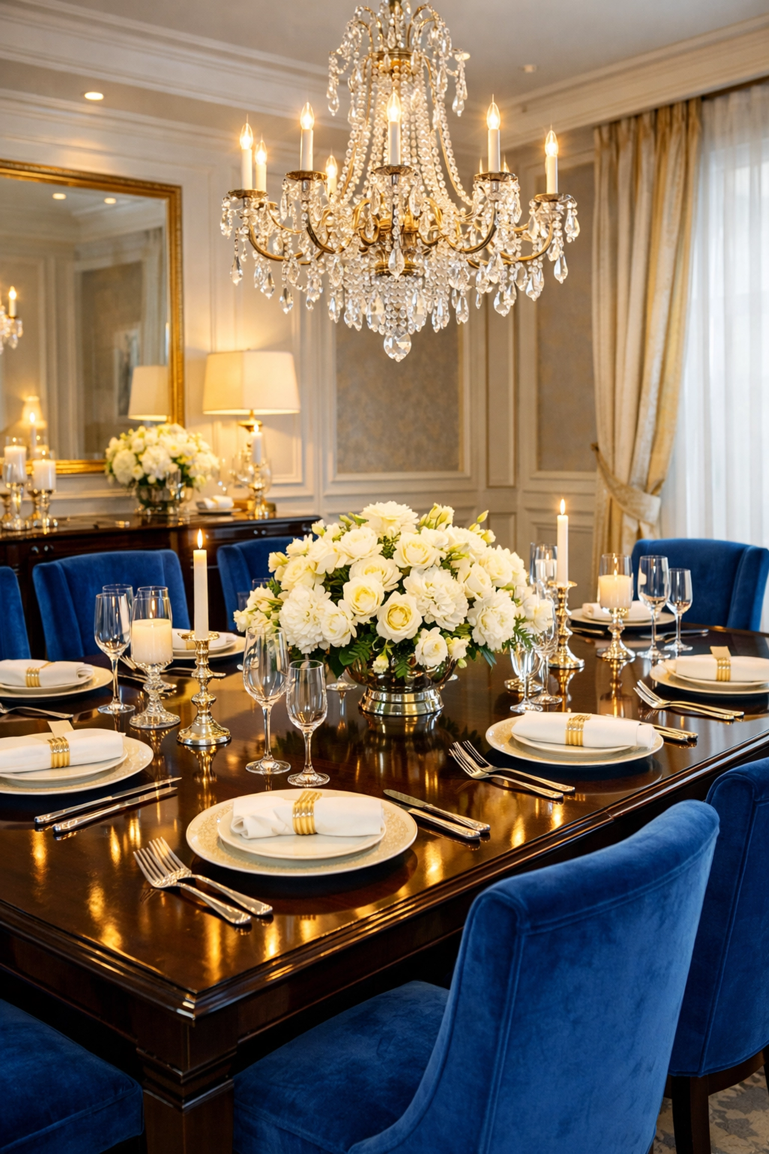 Polished dining room with dark wood furniture reflecting a high-end deep cleaning service in Holliston.