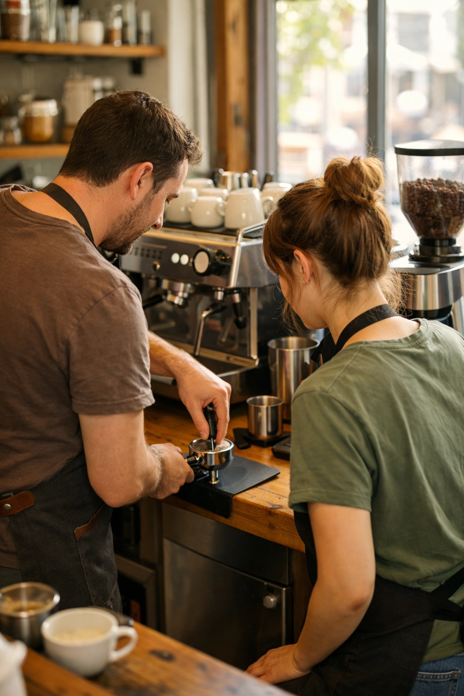 Experienced barista training new team member on espresso technique at café