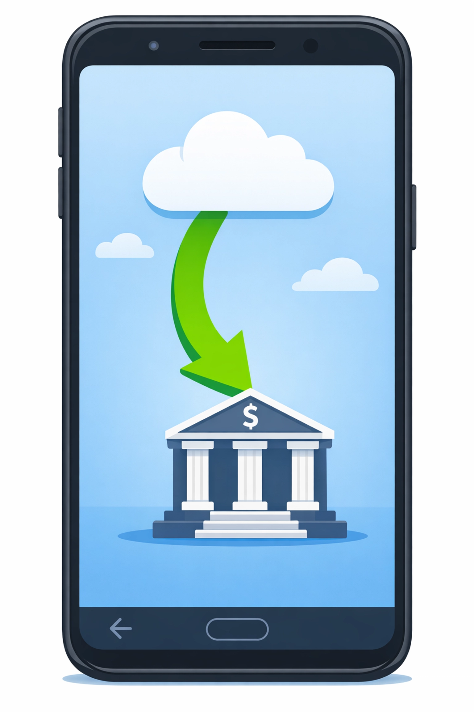 Smartphone illustration showing secure direct deposit of a federal tax refund into a bank account.