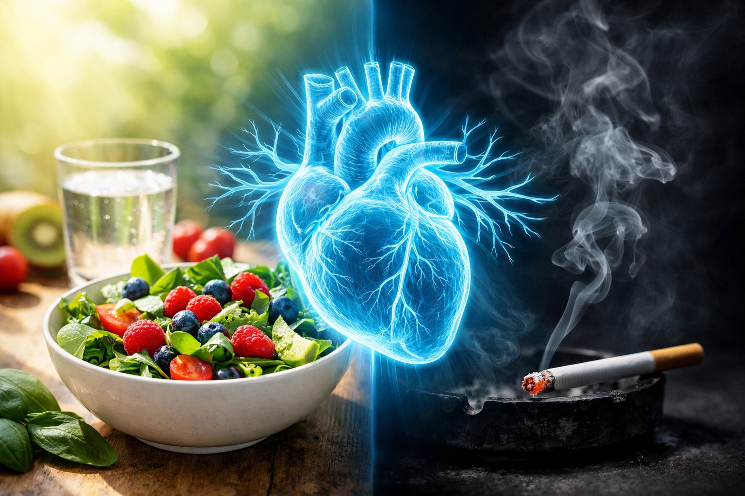 Comparison of healthy nutrition and smoking risk factors for heart health and cardiovascular wellness.