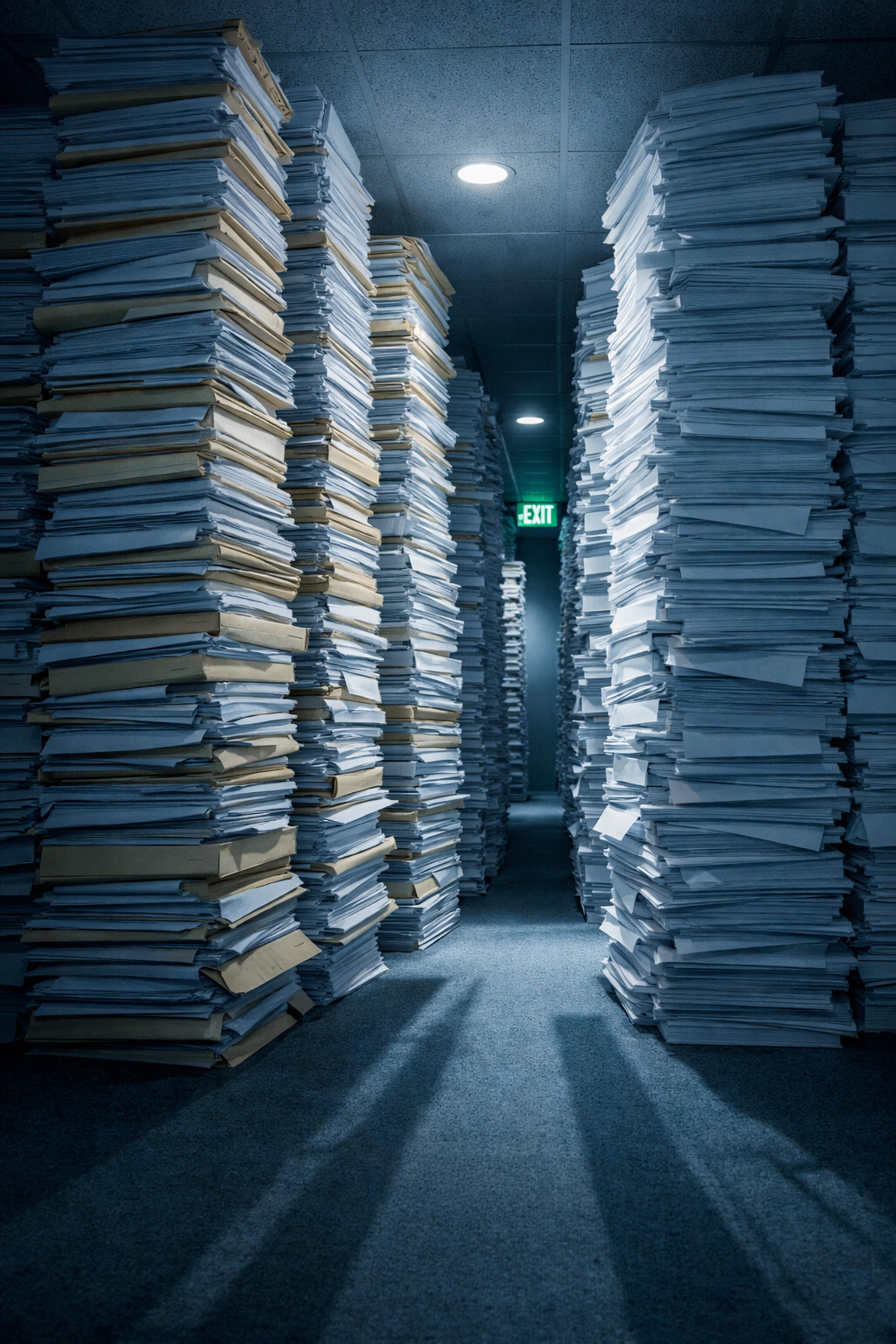 Stacks of paperwork in an office, illustrating the slow delays of traditional mortgage lender applications.