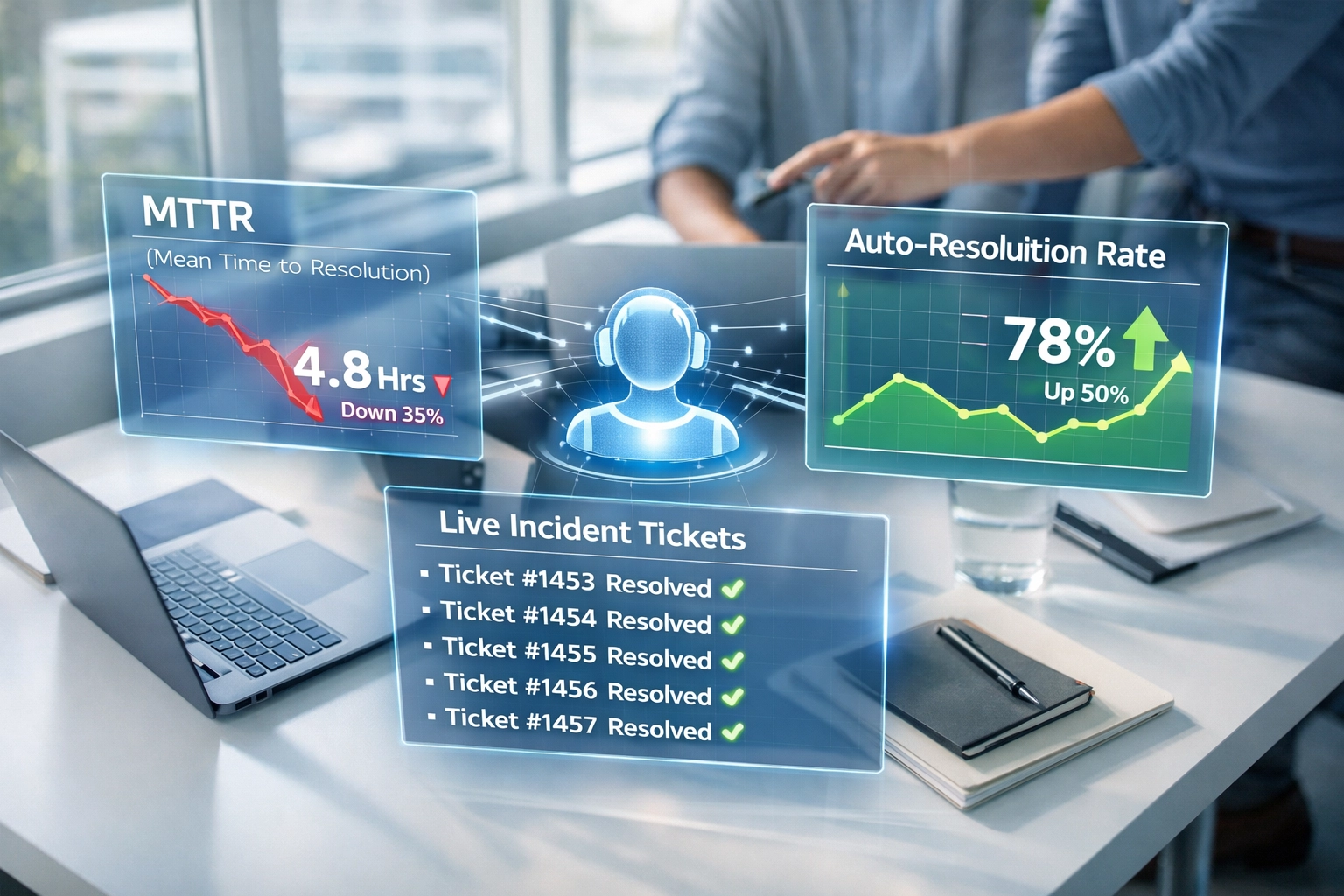 ServiceNow ITOM dashboard displaying incident resolution metrics and MTTR reduction improvements