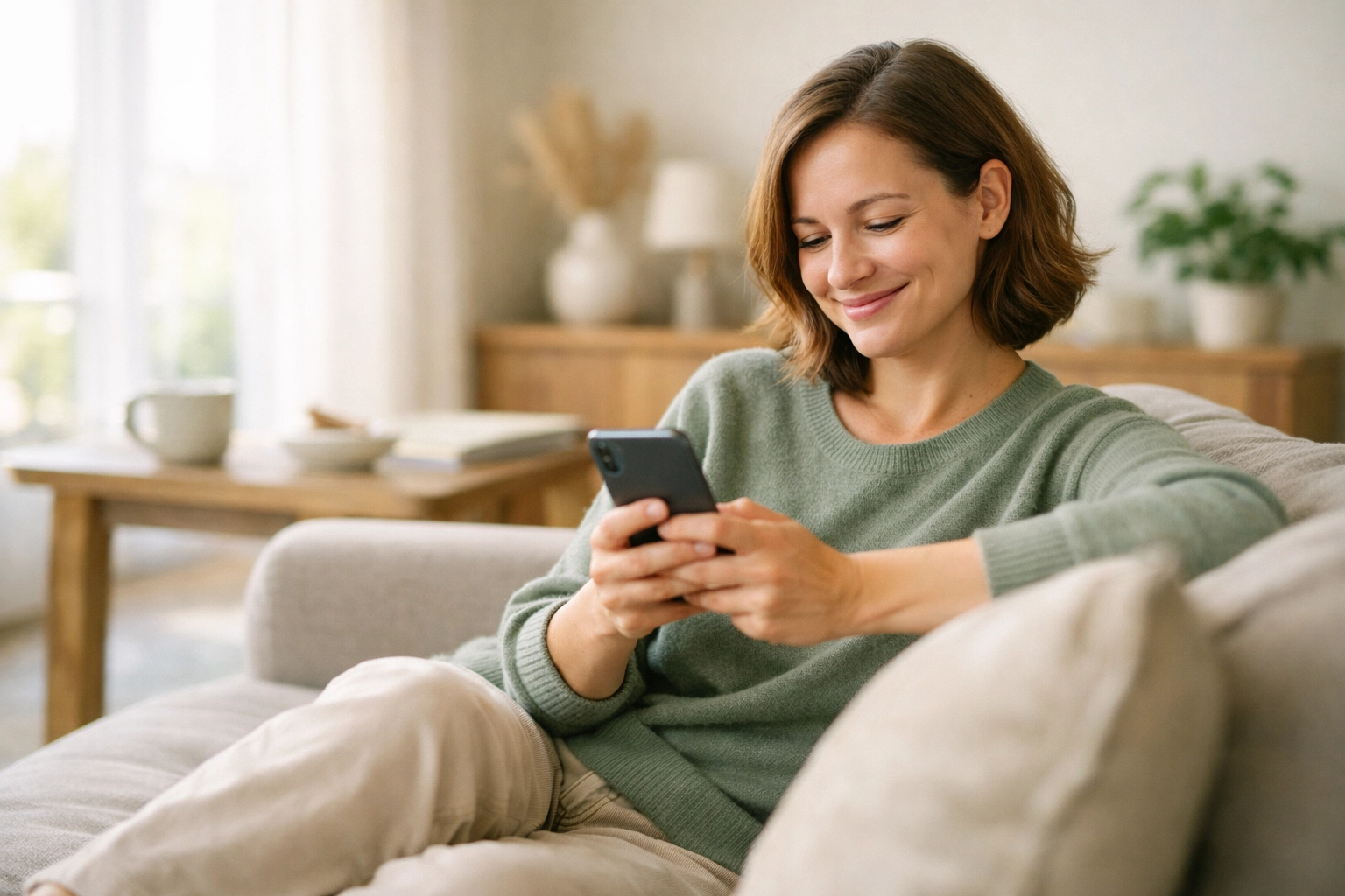 Happy person on a sofa checking their phone for a quick cash advance loan approval.