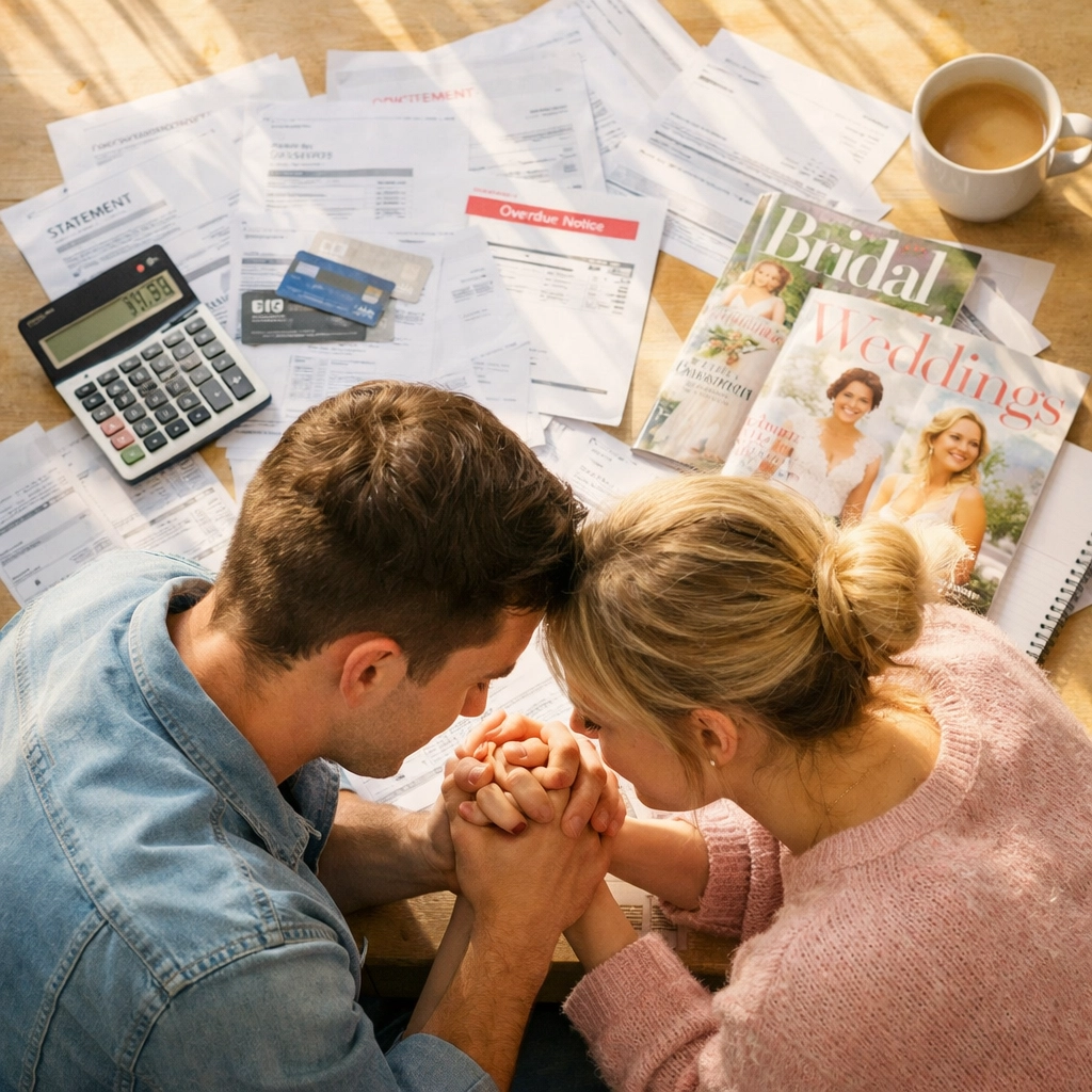 Engaged couple reviewing wedding budget and bills at kitchen table while planning their big day