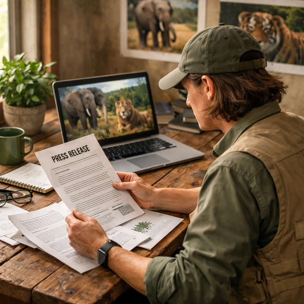 Wildlife conservationist reviewing press releases and conservation documentation at desk