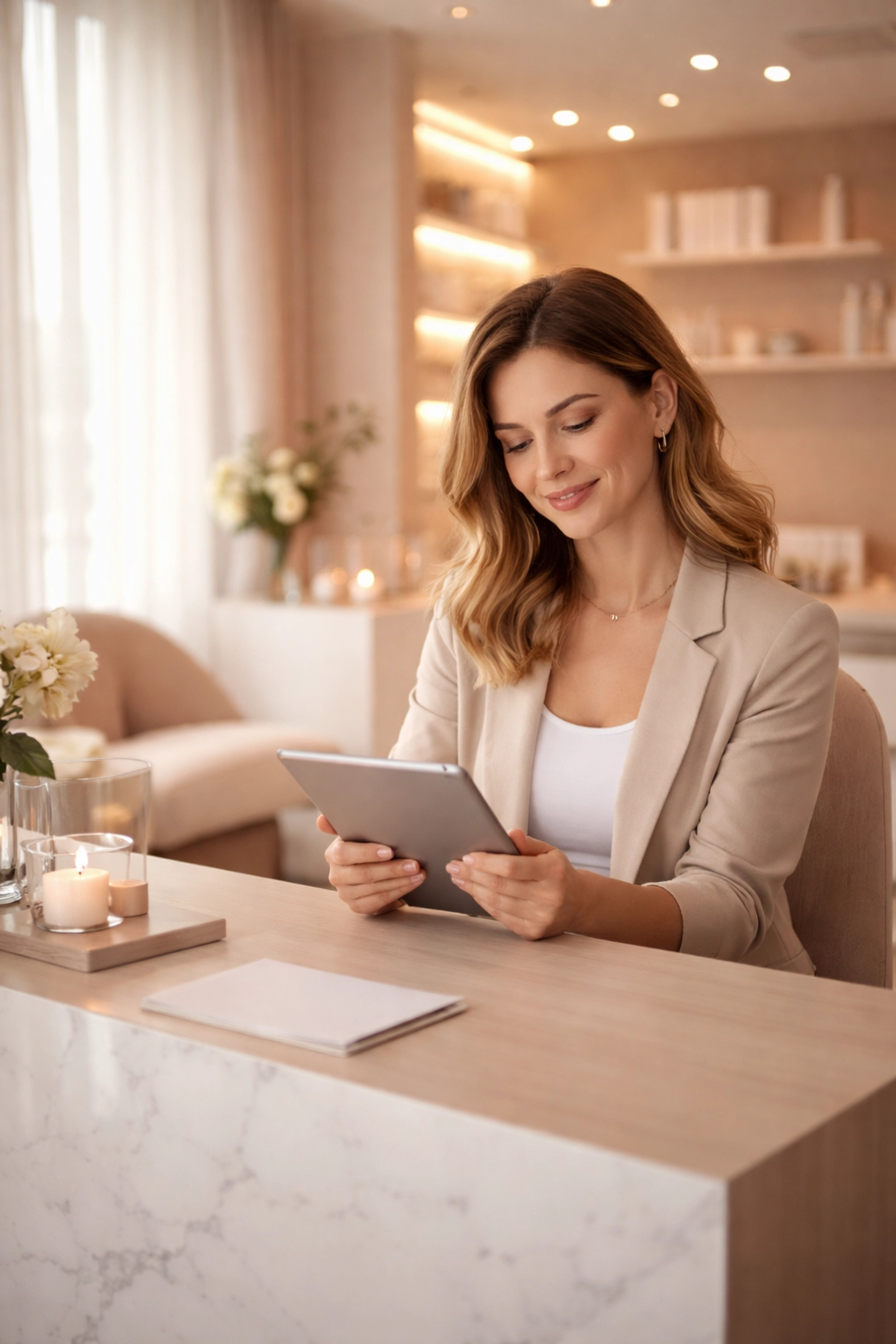 Uśmiechnięta właścicielka salonu beauty używa tabletu do zarządzania rezerwacjami na nowoczesnej stronie internetowej